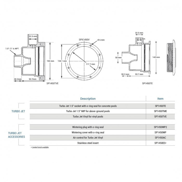 Форсунка гідромасажу Hayward Turbo Jet SP1450TVE лайнер (6-15 м3/год, НР 1,5”/50мм) — изображение 8