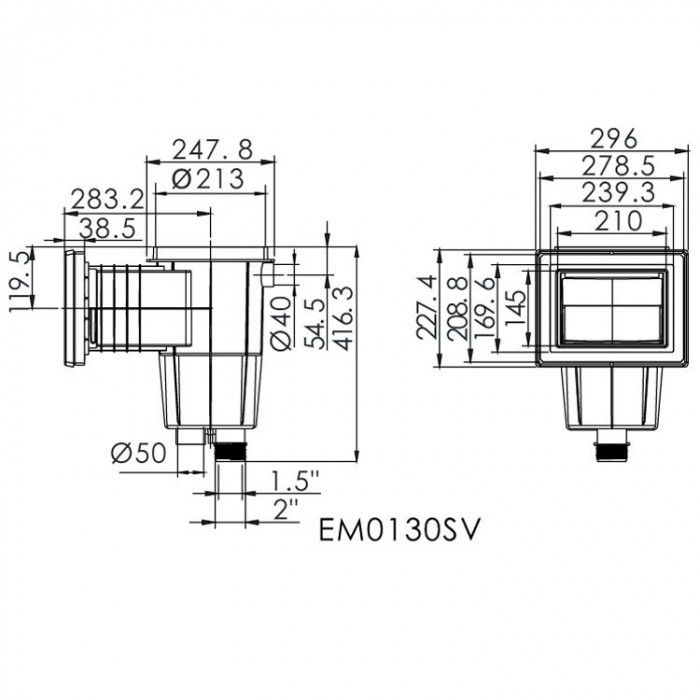 Скімер Emaux EM0130-SV Standart лайнер, квадратна кришка, 1,5"/2", латунні вставки — изображение 2